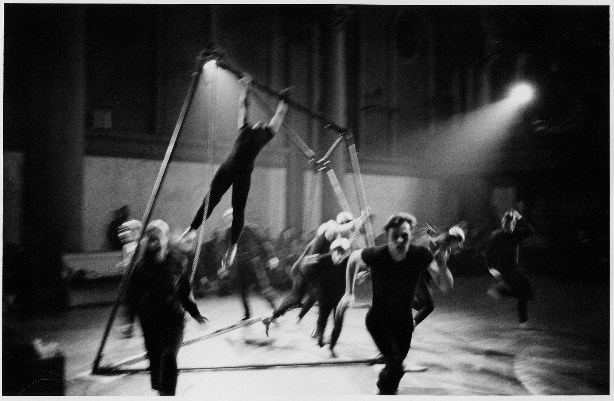 Peter Moore’s photograph of unidentified performers in Joan Baker’s _Ritual_ (detail), 1963. Performed in _Concert of Dance #13_, Judson Memorial Church, November 20, 1963. © Barbara Moore/Licensed by VAGA, New York, NY. Courtesy Paula Cooper Gallery, New York