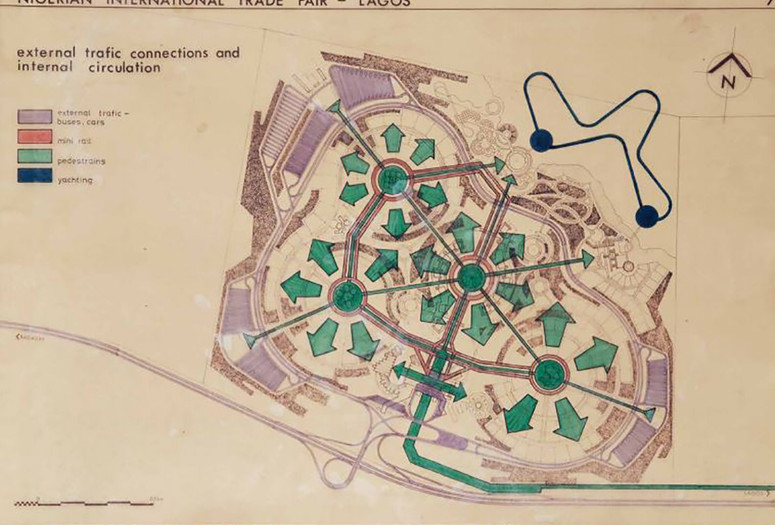 International Trade Fair, Lagos. 1973–77. Zoran Bojovic (1936–2018) for Energoprojekt (est. 1951). Plan of external traffic connections and internal circulation. 1973. Felt-tipped pen on tracing paper mounted on cardboard, 70 x 100 cm. Personal archive of Zoran Bojovic