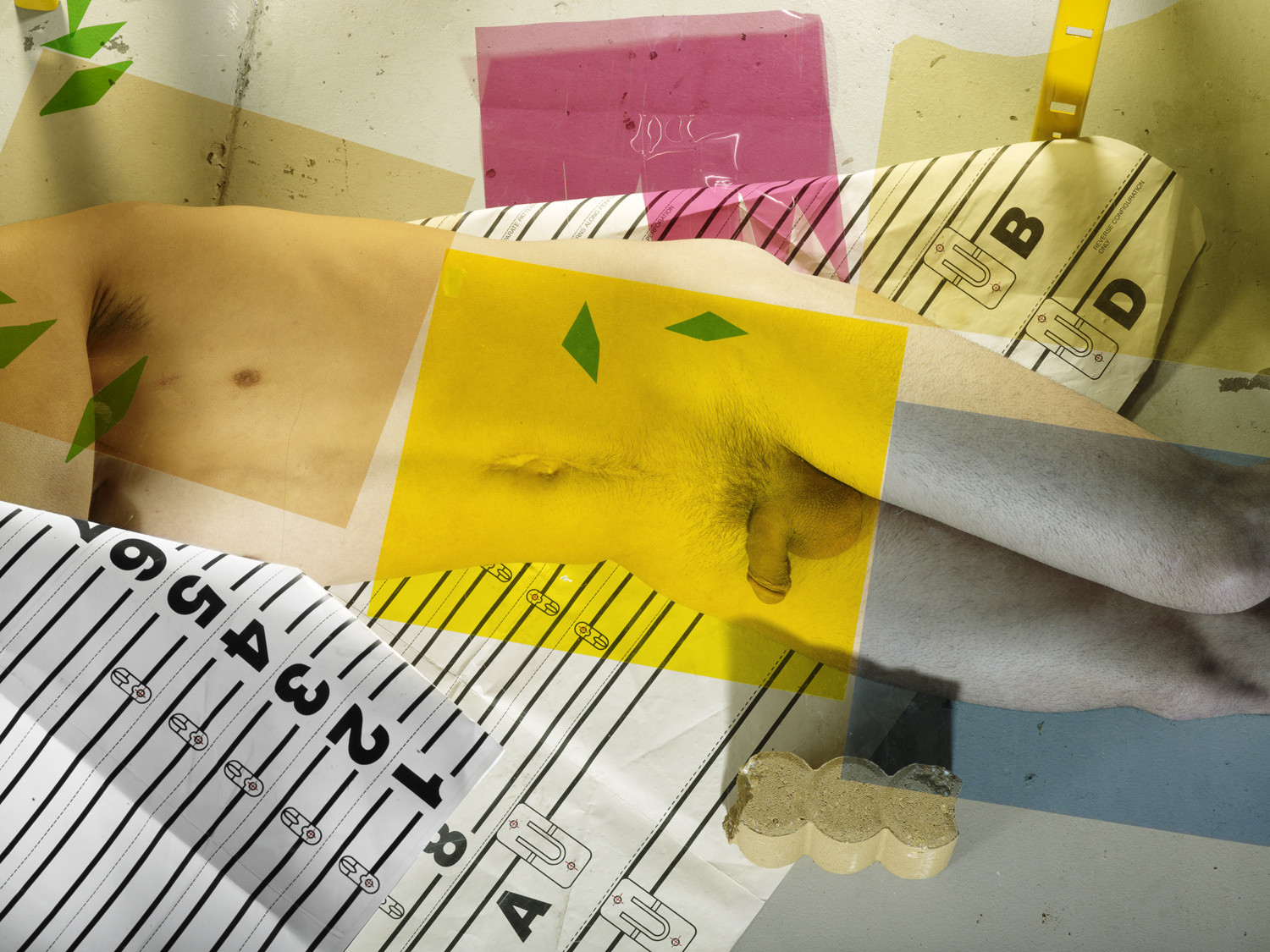 Michele Abeles. _Fuschia, Yellow, Green, Blue, Numbers, Man, Cement, Paper._ 2010. Pigmented inkjet print, 33 x 44" (83.8 x 111.8 cm). Courtesy the artist and 47 Canal, New York. © 2012 Michele Abeles