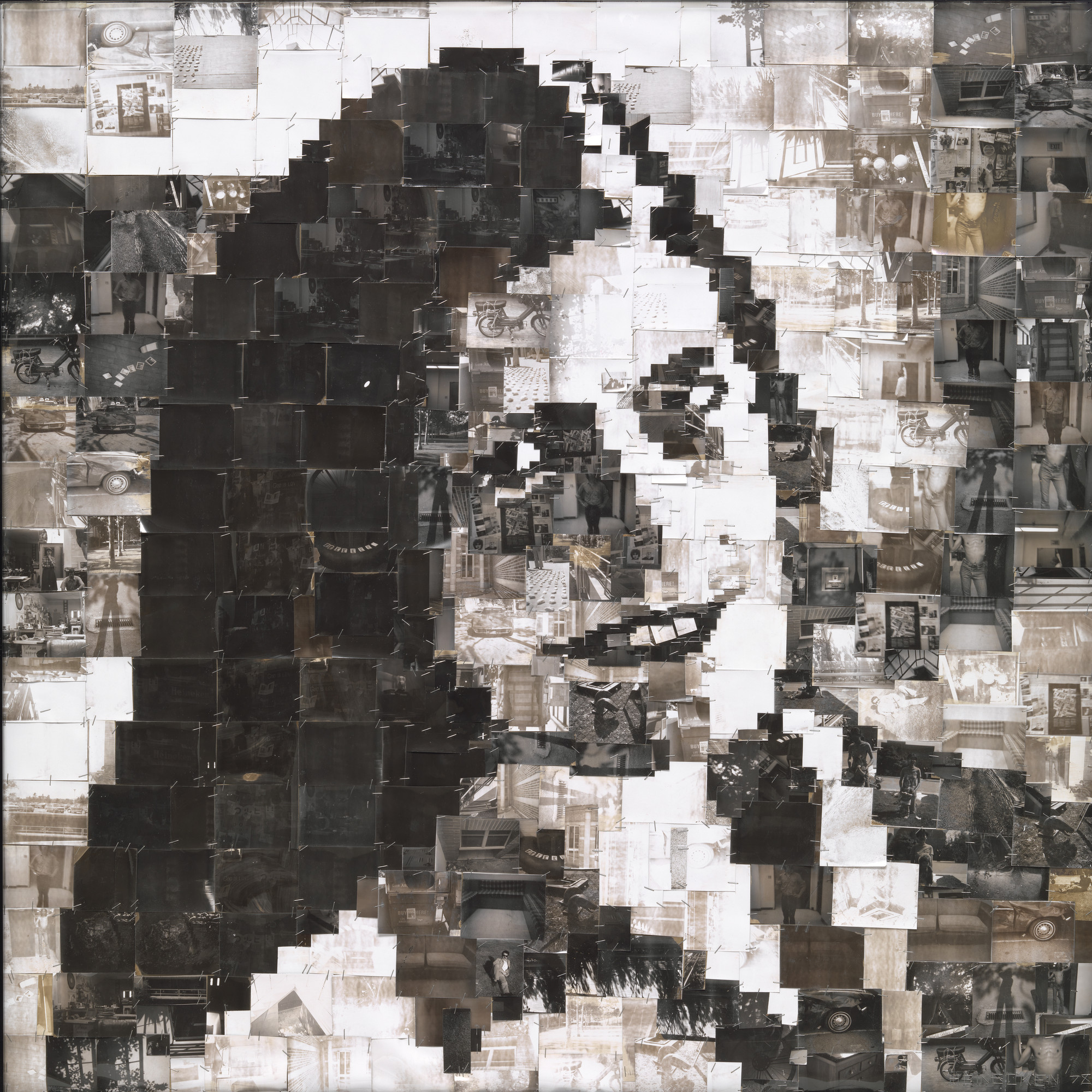 Robert Heinecken. _The S.S. Copyright Project: “On Photography.”_ 1978. Two collages of black-and-white instant prints attached to Homasote board with staples. Approximately 47 15/16 × 47 15/16″ (121.8 ×121.8 cm) each. The Museum of Modern Art, New York. Purchased as the partial gift of Celeste Bartos. © 2014 The Robert Heinecken Trust