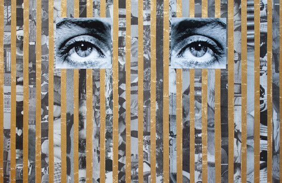 Anna Ostoya. Lee No. 1. 2013. Pigmented inkjet print, gold leaf, and newspaper on canvas, 24 x 20" (61 x 50.8 cm). Courtesy the artist and Bortolami Gallery, New York. © Anna Ostoya