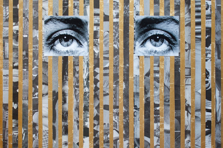Anna Ostoya. Lee No. 1. 2013. Pigmented inkjet print, gold leaf, and newspaper on canvas, 24 x 20" (61 x 50.8 cm). Courtesy the artist and Bortolami Gallery, New York. © Anna Ostoya