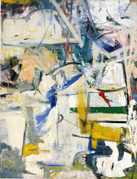 Oil and newspaper transfer on canvas
96 x 74" (243.8 x 188cm)
Lent by The Metropolitan Museum of Art, New York. Rogers Fund
© 2011 The Willem de Kooning Foundation / Artists Rights Society (ARS), New York