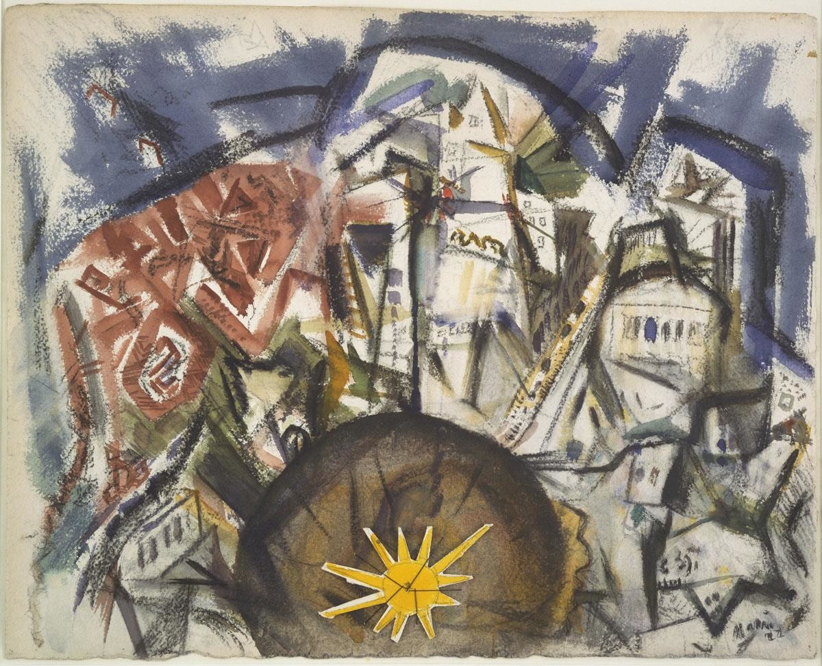 John Marin (American, 1870–1953)
Lower Manhattan (Composing Derived from Top of Woolworth)
1922
Gouache and charcoal with paper cut-out attached with thread on
paper
21 5/8 x 26 7/8" (54.5 x 67.5 cm)
Acquired through the Lillie P. Bliss Bequest
143.1945