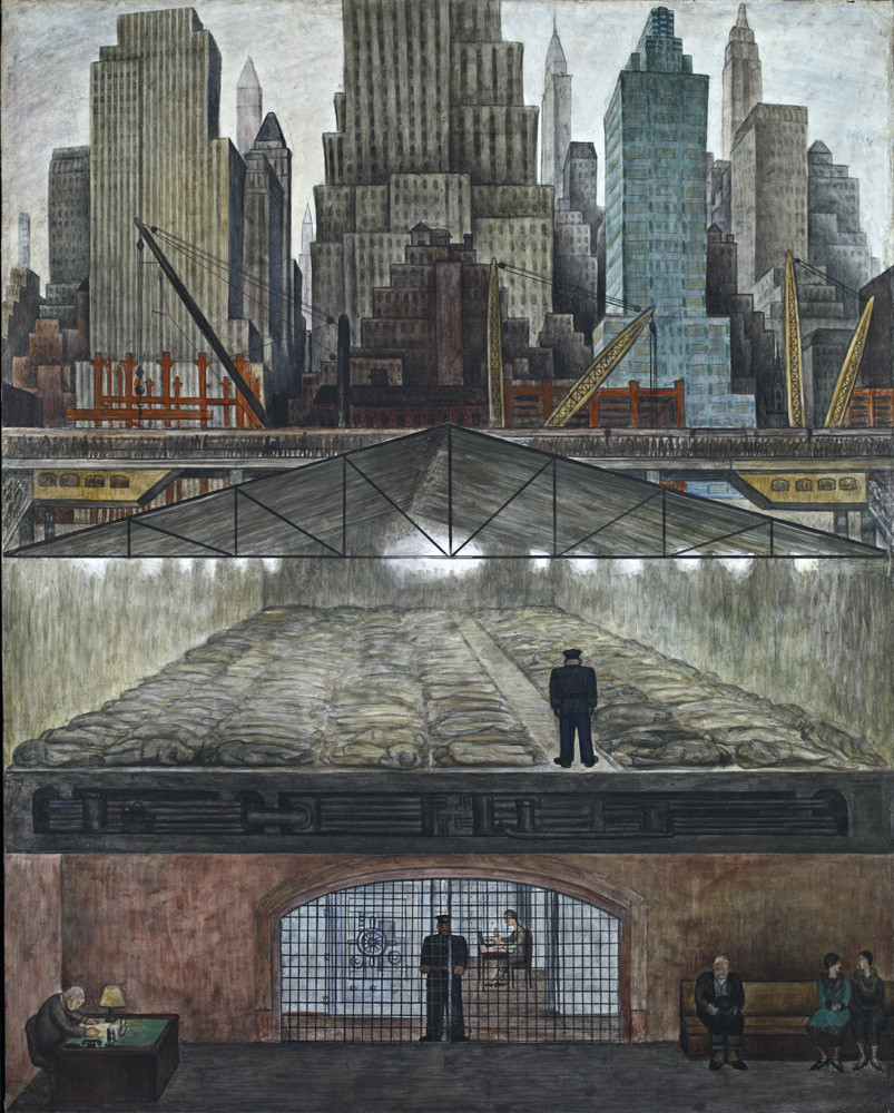 Diego Rivera. _Frozen Assets._ 1931–32. Fresco on reinforced cement in a galvanized-steel framework, 94 1/8 x 74 3/16 in (239 x 188.5 cm). Museo Dolores Olmedo, Xochimilco, Mexico. © 2011 Banco de México Diego Rivera &amp; Frida Kahlo Museums Trust, México, D.F./Artists Rights Society (ARS), New York