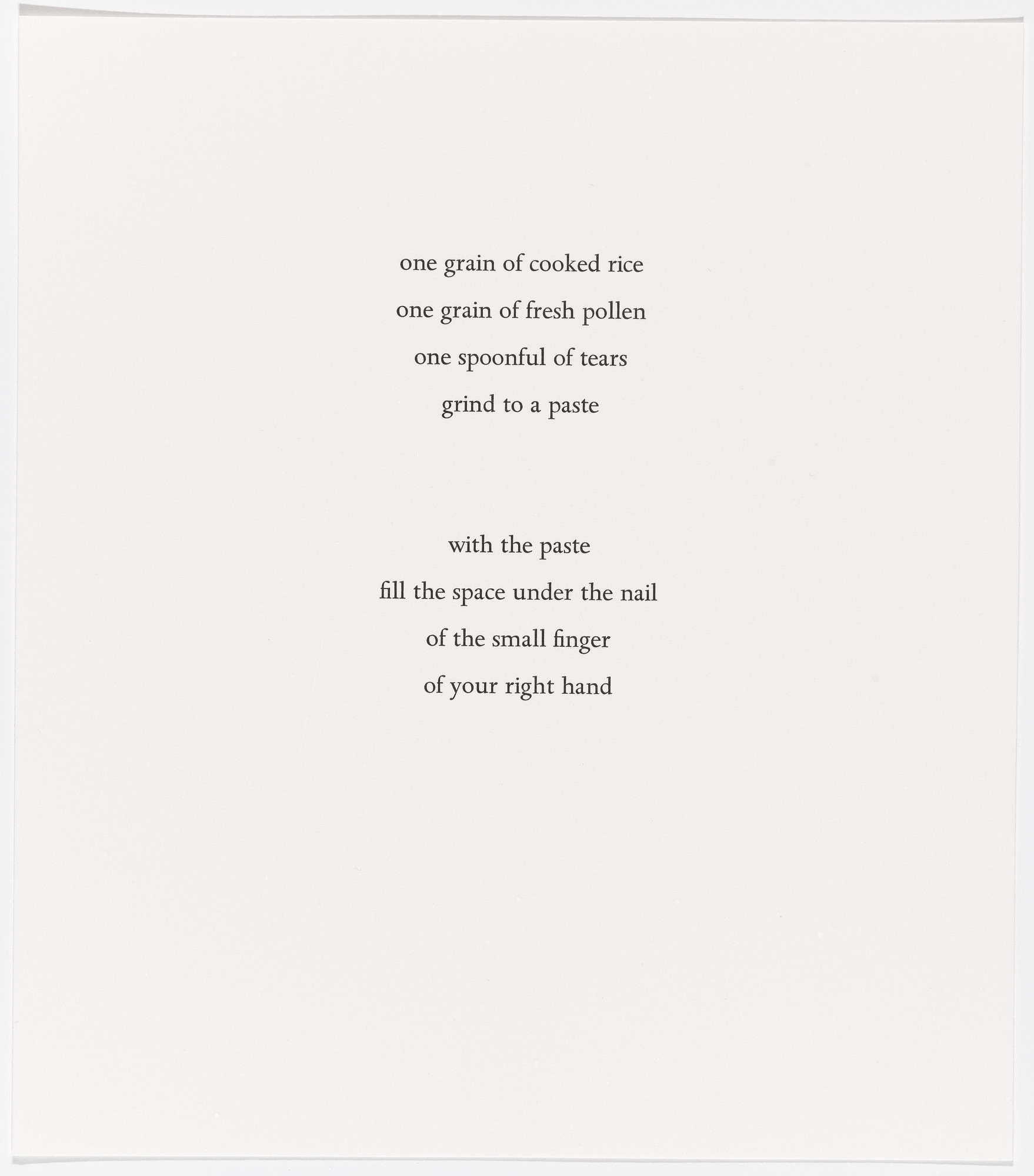 Marina Abramović. _Selection from Spirit Cooking._ 1997. Portfolio of eight etchings (four with aquatint and one with gold leaf) and four aquatints with chine collé, and twenty-five letterpress prints, each 12 3/8 x 10 15/16" (31.5 x 27.8 cm). Publisher and printer: Edition Jacob Samuel, Santa Monica. Edition: 21. The Museum of Modern Art, New York. Monroe Wheeler Fund, 2011. © 2012 Marina Abramović / Artists Rights Society (ARS), New York / VG Bild-Kunst, Bonn