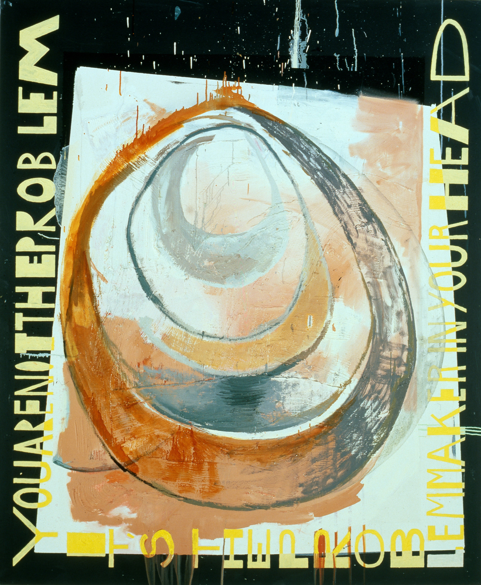 Martin Kippenberger. _The problem perspective. You are not the problem, it’s the problem-maker in your head,_ 1986. Oil on canvas, 70 7/8 x 59 1/16 in. Collection of Margaret and Daniel Loeb, New York. © Estate Martin Kippenberger, Galerie Gisela Capitain, Cologne