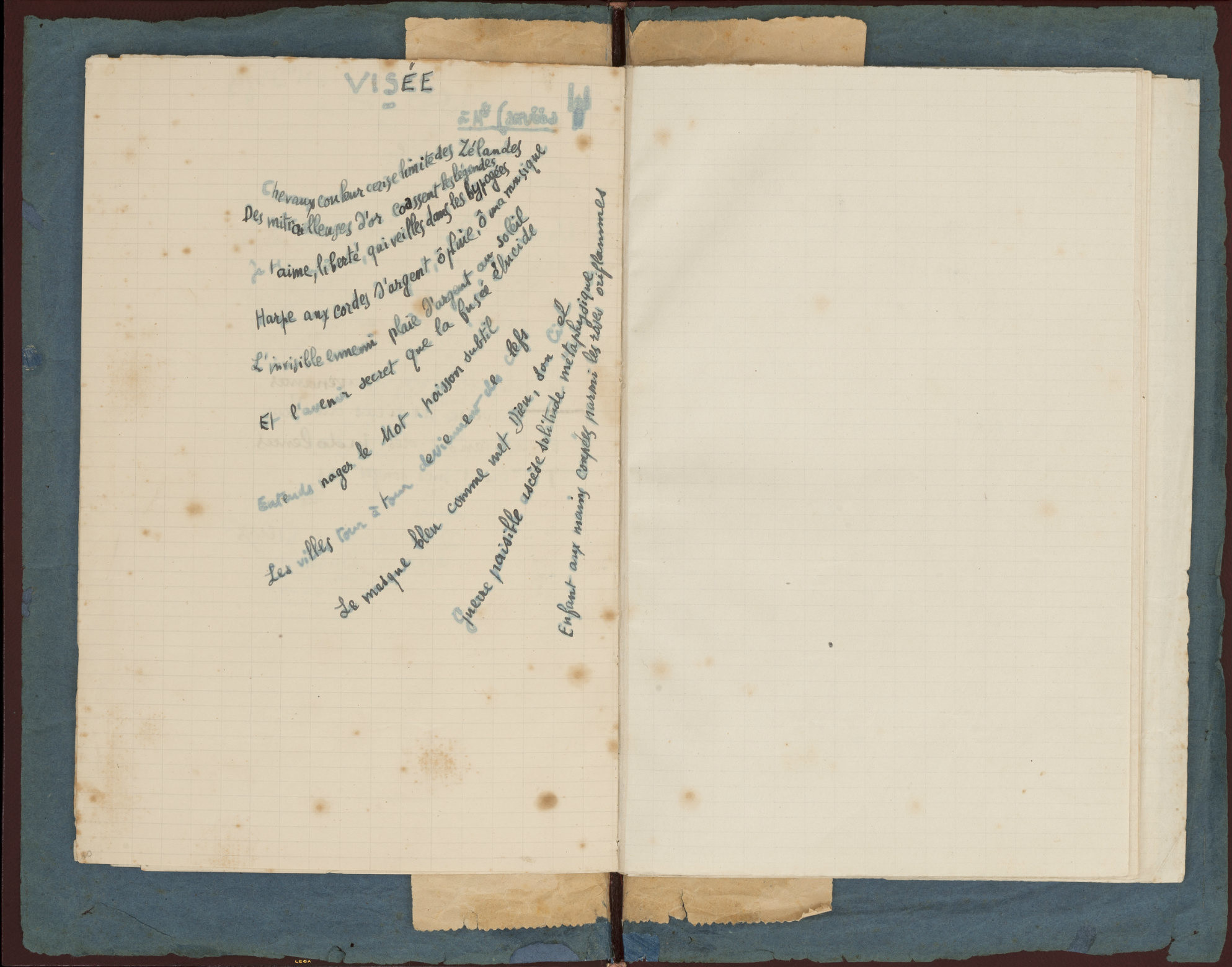 Guillaume Apollinaire, _Case d’Armons (Artillery-carriage compartment for personal effects)_, 1915  
 Book with twenty-one poems reproduced through a gelatin plate process with pasted printed matter and ink on graph paper  
 Publisher: the artist with the assistance of Sergeants Bodard and Berthier, France  
 Edition: 25 (few known copies). This copy contains Apollinaire’s hand-written dedication to his fiancée, Madeleine Pagès  
 Jean Bonna Library, Geneva