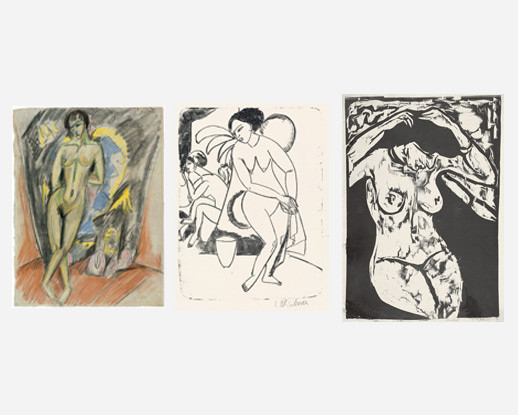 Ernst Ludwig Kirchner. Standing Nude in Front of Tent (Stehender Akt vor dem Zelt). c. 1912–14
Ernst Ludwig Kirchner. Naked Girls in the Studio (Nackte Mädchen im Atelier). 1911
Ernst Ludwig Kirchner. Seated Nude, Fixing Her Hair (Sitzender Akt, die Haare ordnend). 1908