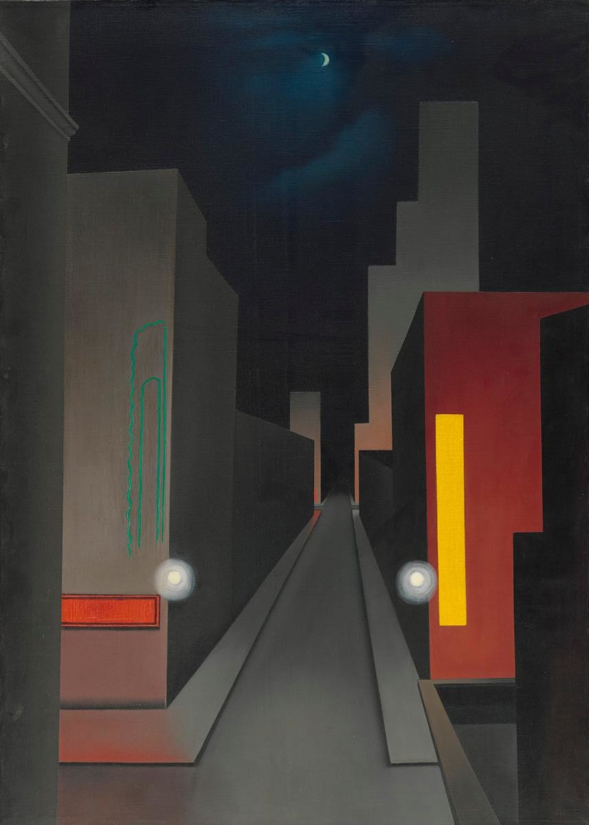 George Ault (American, 1891–1948)
New Moon, New York
1945
Oil on canvas
28 x 20" (71.1 x 50.8 cm)
Gift of Mr. and Mrs. Leslie Ault