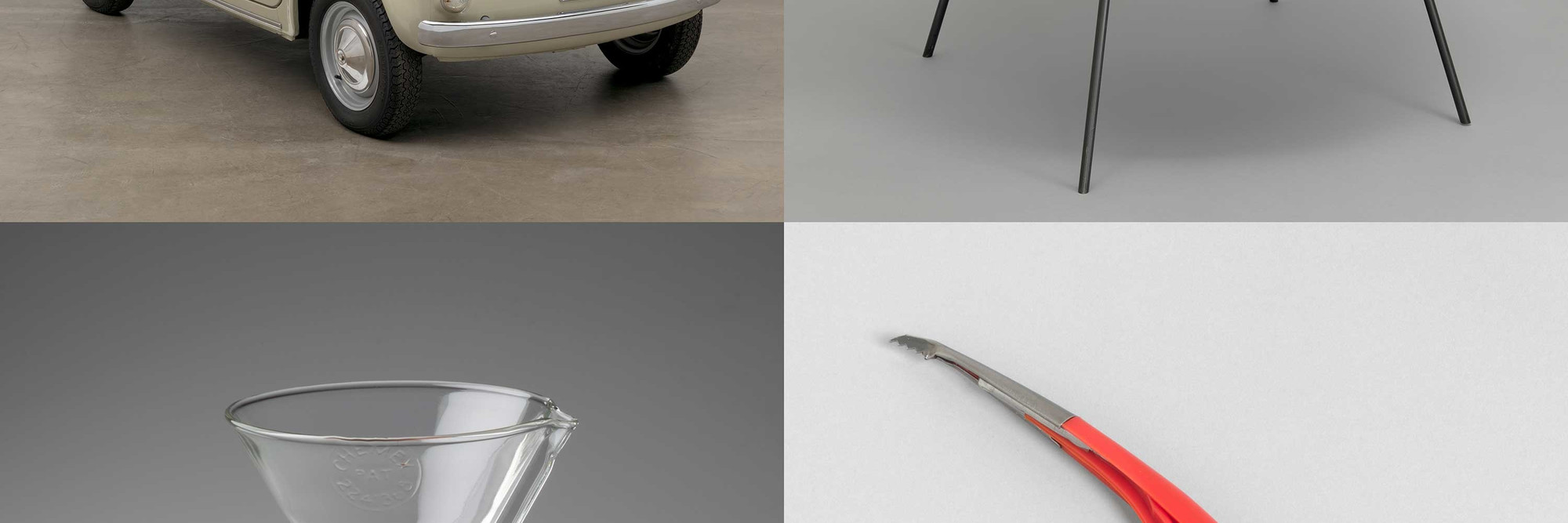 Clockwise, from top left: Dante Giacosa. 500f city car. Designed 1957 (this example 1968). Steel with fabric top, 52 × 52 × 116 7/8" (132.1 × 132.1 × 296.9 cm). Manufacturer: Fiat S.p.A., Turin, Italy. Gift of Fiat Chrysler Automobiles Heritage; Lina Bo Bardi. Poltrona Bowl chair. 1951. Steel and fabric, 21 5/8 × 33 1/16 × 33 1/16" (55 × 84 × 84 cm). Committee on Architecture and Design Funds; Irwin Gershen, Gershen-Newark. Shrimp Cleaner. 1954. Plastic and metal, 8 1/2 x 3 1/4 x 3/4" (21.6 x 8.3 x 1.9 cm). Manufacturer: Plastic Dispensers Inc., Newark, NJ. Department purchase; Peter Schlumbohm. Chemex Coffee Maker. 1941. Pyrex glass, wood, and leather, 9 1/2 x 6 1/8" (24.2 x 15.5 cm). Manufacturer: Chemex Corp., New York, NY. Gift of Lewis &amp; Conger