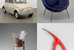 Clockwise, from top left: Dante Giacosa. 500f city car. Designed 1957 (this example 1968). Steel with fabric top, 52 × 52 × 116 7/8" (132.1 × 132.1 × 296.9 cm). Manufacturer: Fiat S.p.A., Turin, Italy. Gift of Fiat Chrysler Automobiles Heritage; Lina Bo Bardi. Poltrona Bowl chair. 1951. Steel and fabric, 21 5/8 × 33 1/16 × 33 1/16" (55 × 84 × 84 cm). Committee on Architecture and Design Funds; Irwin Gershen, Gershen-Newark. Shrimp Cleaner. 1954. Plastic and metal, 8 1/2 x 3 1/4 x 3/4" (21.6 x 8.3 x 1.9 cm). Manufacturer: Plastic Dispensers Inc., Newark, NJ. Department purchase; Peter Schlumbohm. Chemex Coffee Maker. 1941. Pyrex glass, wood, and leather, 9 1/2 x 6 1/8" (24.2 x 15.5 cm). Manufacturer: Chemex Corp., New York, NY. Gift of Lewis &amp; Conger