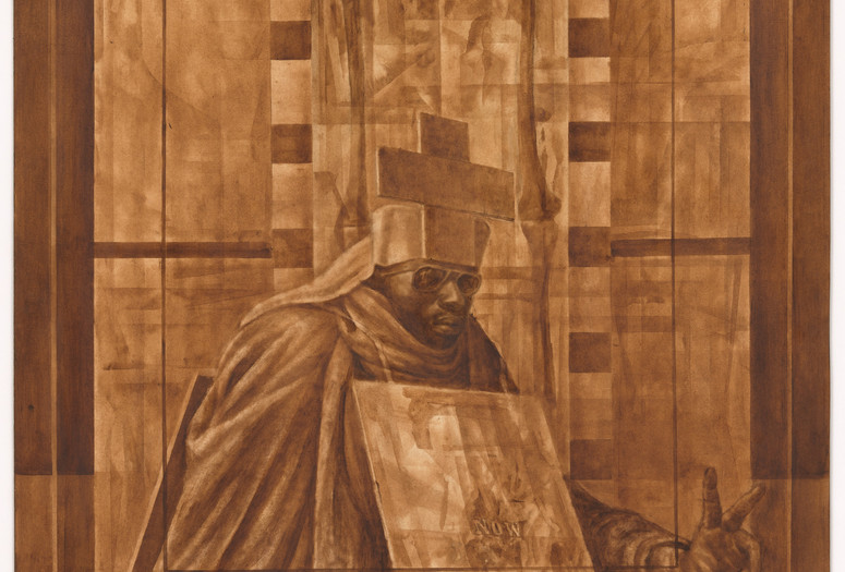 Charles White. Black Pope (Sandwich Board Man). 1973. Oil wash on board, 60 x 43 7/8" (152.4 x 111.4 cm). Richard S. Zeisler Bequest (by exchange), The Friends of Education of The Museum of Modern Art, Committee on Drawings Fund, Dian Woodner, and Agnes Gund. © 2018 The Charles White Archives