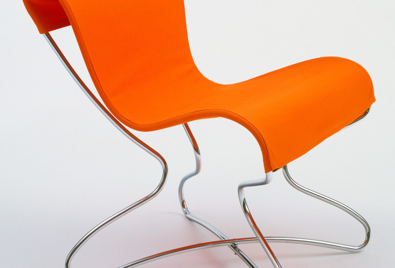 Eva Zeisel. Resilient Chair. 1948-49 Chrome-plated tubular steel and cotton, 28 1/2 x 26 x 26 1/2" (72.4 x 66 x 67.3 cm). Manufacturer: Hudson Fixtures, USA. The Museum of Modern Art, New York. Gift of the designer Architecture &amp; Design 141.1995