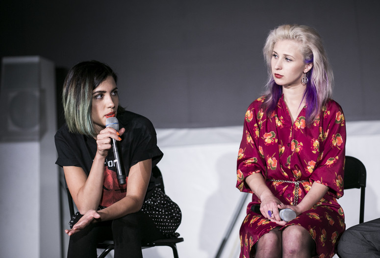 Members of Pussy Riot in Conversation with Klaus Biesenbach about Zero Tolerance: Activism, Artistic Courage and Civil Disobedience on November 2, 2014. Presented at MoMA PS1 as part of VW Sunday Sessions 2014-2015. Photograph: Charles Roussel.