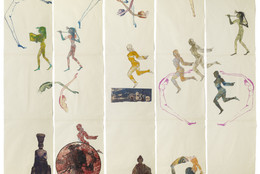 Nancy Spero. The Goddess Nut II. 1990. Handprinting and printed collage on paper, five panels, 7' x 9' 2" (213.4 x 279.4 cm) overall. © 2019 The Nancy Spero and Leon Golub Foundation for the Arts/Licensed by VAGA at ARS, NY, courtesy Galerie Lelong &amp; Co. Photo: Michael Bodycomb