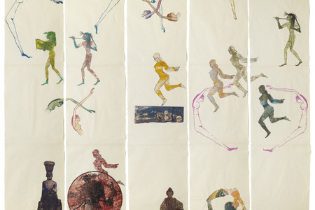 Nancy Spero. The Goddess Nut II. 1990. Handprinting and printed collage on paper, five panels, 7' x 9' 2" (213.4 x 279.4 cm) overall. © 2019 The Nancy Spero and Leon Golub Foundation for the Arts/Licensed by VAGA at ARS, NY, courtesy Galerie Lelong &amp; Co. Photo: Michael Bodycomb