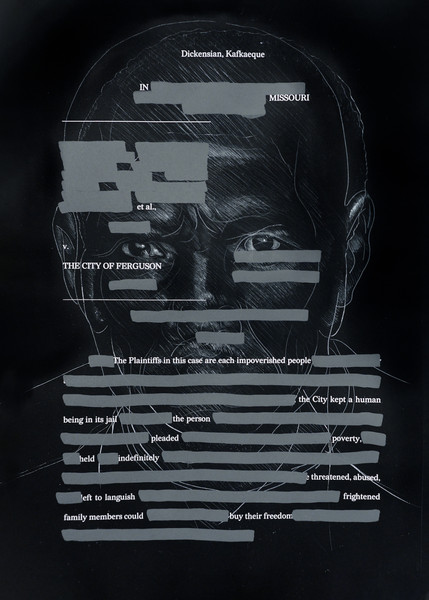 Titus Kaphar and Reginald Dwayne Betts. Untitled (from the Redaction project). 2019. Etching and silkscreen on paper, 22 x 30". Image courtesy Titus Kaphar Studio. Photo: Merik Goma