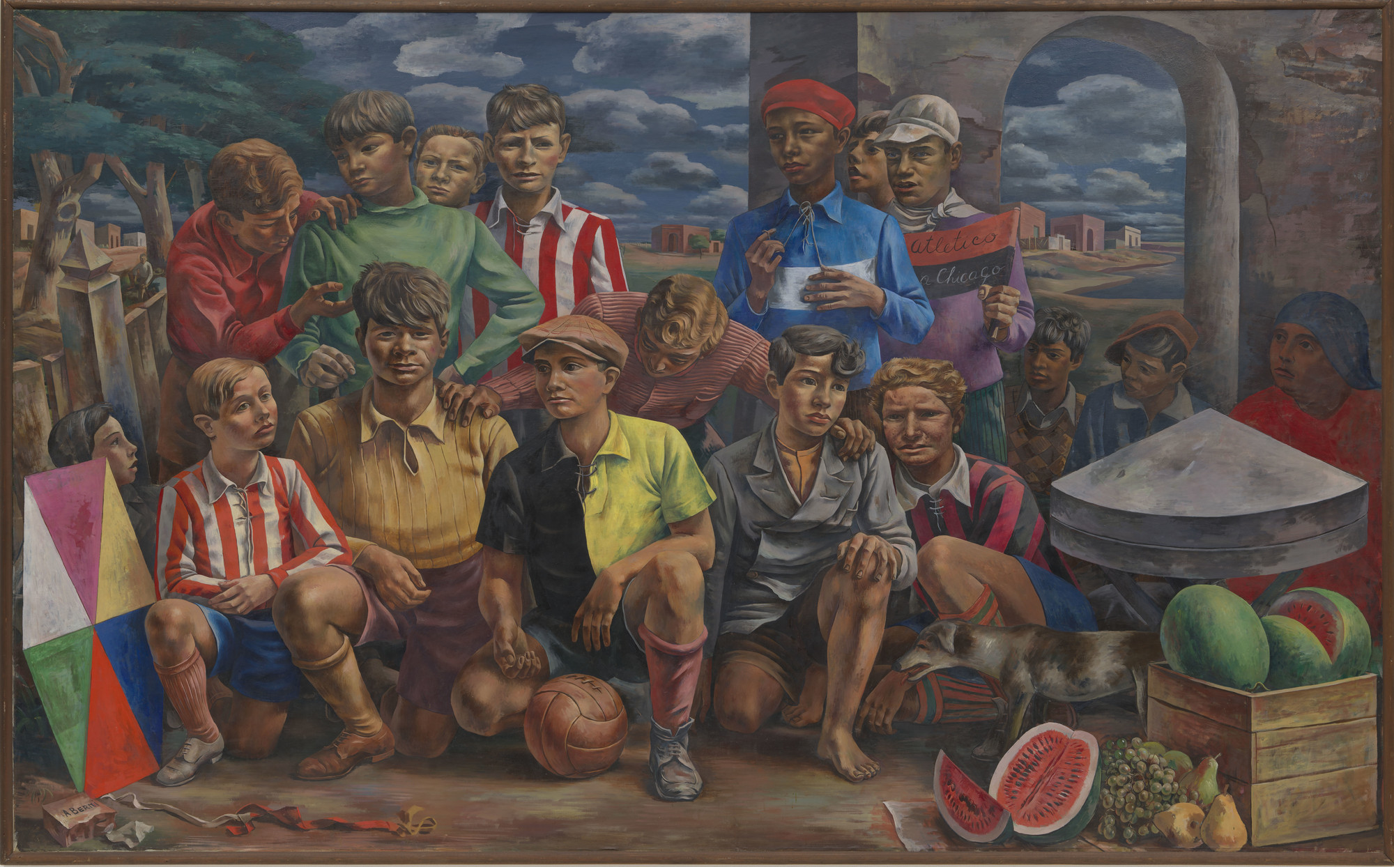 Antonio Berni (Argentine, 1905–1981). _New Chicago Athletic Club (Club atlético Nueva Chicago)_. 1937. Oil on canvas. 6 ft. ¾ in. x 9 ft. 10 ¼ in. (184.8 x 300.4 cm). The Museum of Modern Art, New York. Inter-American Fund. © 2019 Fundación Antonio Berni and Luis Emilio De Rosa, Argentina
