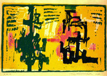 Mahmoud Hammad. Composition (e.d.a.). 1966. Linoleum cuts on paper, mounted on cardboard, with watercolor additions. Courtesy Lubna Hammad