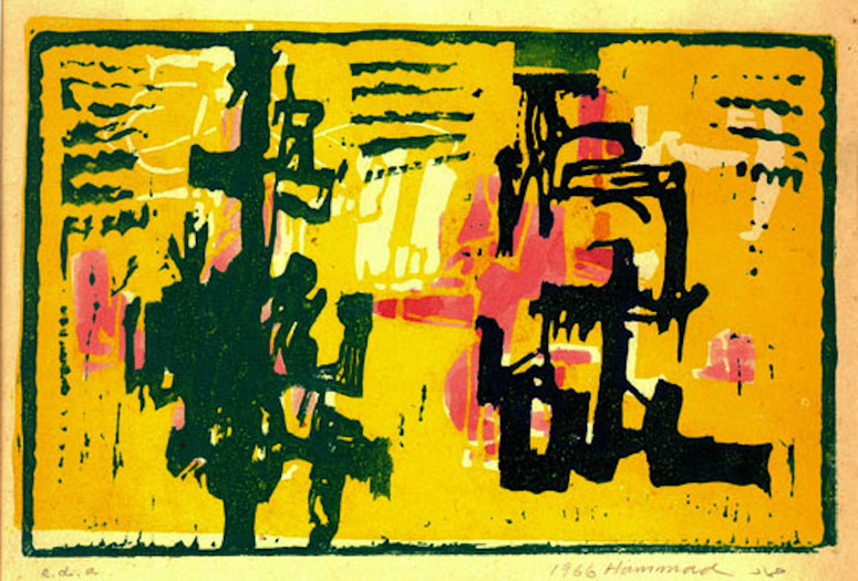Mahmoud Hammad. Composition (e.d.a.). 1966. Linoleum cuts on paper, mounted on cardboard, with watercolor additions. Courtesy Lubna Hammad