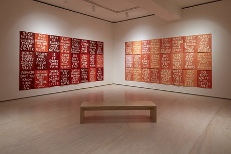 Installation view of Hock E Aye Vi Edgar Heap of Birds: Surviving Active Shooter Custer, on view at MoMA PS1, New York from June 7–September 8, 2019. Image courtesy MoMA PS1. Photo: Matthew Septimus