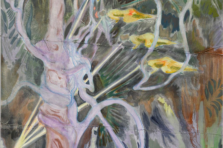Michael Armitage. Seraph. 2017. Oil on lubugo bark cloth, 78 3/4 × 59 1/16" (200 x 150 cm). Private collection