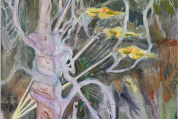 Michael Armitage. Seraph. 2017. Oil on lubugo bark cloth, 78 3/4 × 59 1/16" (200 x 150 cm). Private collection