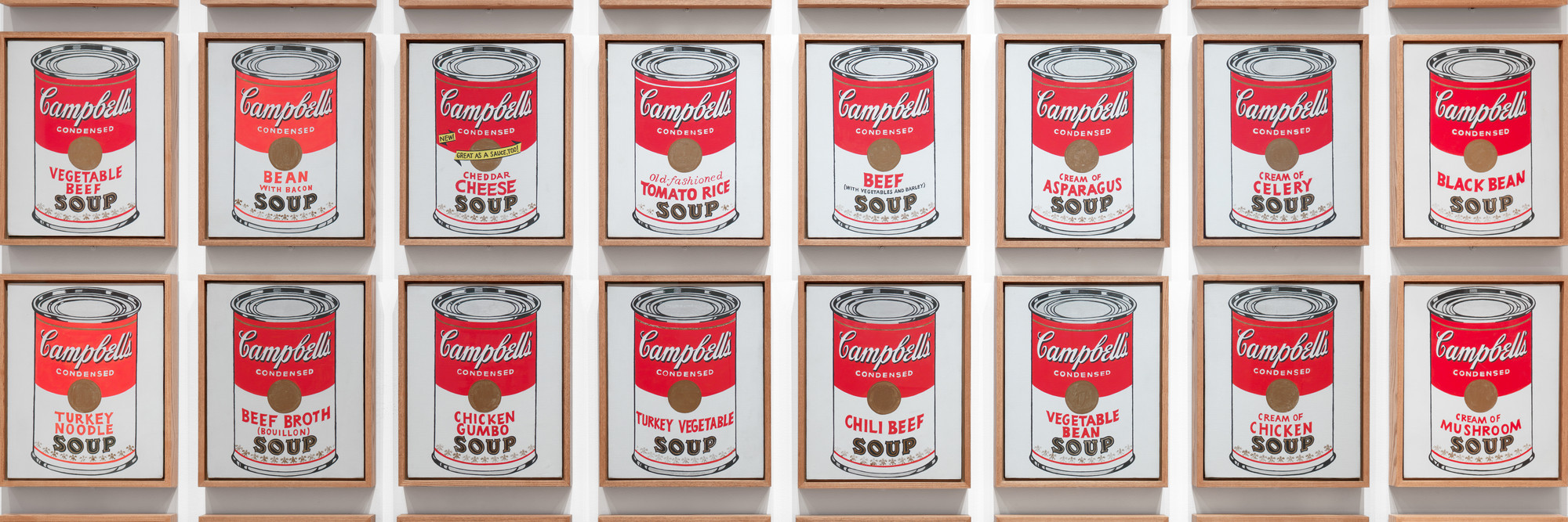 Andy Warhol. Campbell’s Soup Cans. 1962. Acrylic with metallic enamel paint on canvas, 32 panels, each canvas 20 × 16" (50.8 × 40.6 cm); overall installation with 3" between each panel is 97" high × 163" wide. Partial gift of Irving Blum Additional funding provided by Nelson A. Rockefeller Bequest, gift of Mr. and Mrs. William A. M. Burden, Abby Aldrich Rockefeller Fund, gift of Nina and Gordon Bunshaft, acquired through the Lillie P. Bliss Bequest, Philip Johnson Fund, Frances R. Keech Bequest, gift of Mrs. Bliss Parkinson, and Florence B. Wesley Bequest (all by exchange). © 2019 Andy Warhol Foundation/ARS, NY/TM Licensed by Campbell's Soup Co. All rights reserved
