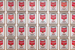 Andy Warhol. Campbell’s Soup Cans. 1962. Acrylic with metallic enamel paint on canvas, 32 panels, each canvas 20 × 16" (50.8 × 40.6 cm); overall installation with 3" between each panel is 97" high × 163" wide. Partial gift of Irving Blum Additional funding provided by Nelson A. Rockefeller Bequest, gift of Mr. and Mrs. William A. M. Burden, Abby Aldrich Rockefeller Fund, gift of Nina and Gordon Bunshaft, acquired through the Lillie P. Bliss Bequest, Philip Johnson Fund, Frances R. Keech Bequest, gift of Mrs. Bliss Parkinson, and Florence B. Wesley Bequest (all by exchange). © 2019 Andy Warhol Foundation/ARS, NY/TM Licensed by Campbell's Soup Co. All rights reserved