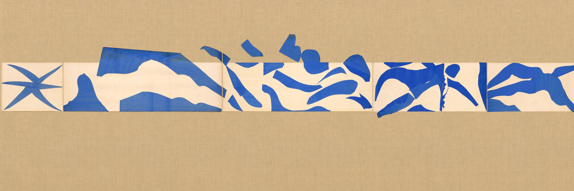 Henri Matisse. The Swimming Pool, Maquette for ceramic (realized 1999 and 2005). 1952. Gouache on paper, cut and pasted, on painted paper, overall 73" × 53' 11" (185.4 × 1643.3 cm). Installed as nine panels in two parts on burlap-covered walls 11' 4" (345.4 cm) high. Frieze installed at a height of 5' 5" (165 cm). Mrs. Bernard F. Gimbel Fund. © 2019 Succession H. Matisse/Artists Rights Society (ARS), New York
