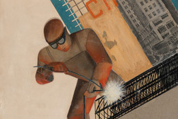 Valentina Kulagina (Russian, 1902–1907). Maquette for We Are Building (Stroim). 1929. Cut-and-pasted printed and painted paper, sandpaper, gouache, and pencil on paper, 22 5/8 × 14 1/4" (57.5 × 36.2 cm). The Museum of Modern Art, New York. The Merrill C. Berman Collection. Acquired through the generosity of Alice and Tom Tisch, Jo Carole and Ronald S. Lauder, Sue and Edgar Wachenheim III, David Booth, Marlene Hess and James D. Zirin, Marie-Josée and Henry R. Kravis, Jack Shear, the Patricia Bonfield Endowed Acquisition Fund for the Design Collection, Daniel and Jane Och, The Orentreich Family Foundation, Emily Rauh Pulitzer, The Modern Women’s Fund; and by exchange: Gift of Jean Dubuffet in honor of Mr. and Mrs. Ralph Colin, The Judith Rothschild Foundation Contemporary Drawings Collection, and the Richard S. Zeisler Bequest.