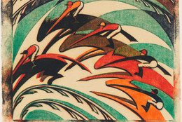 Sybil Andrews. Racing. 1934. Linoleum cut, composition: 10 5/16 × 13 1/2" (26.2 × 34.3 cm); sheet (irreg.): 11 7/8 × 14 15/16" (30.2 × 37.9 cm). Publisher: the artist, London. Printer: the artist, London. Edition: 60. Sharon P. Rockefeller Fund and General Print Fund. © 2019 Estate of Sybil Andrews