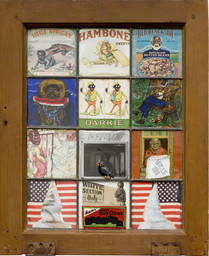 Betye Saar. Black Crows in the White Section Only. 1972. Assemblage with glass negative, found printed paper, found metal object, gouache on paper and fabric in wood and glass window frame, 22 × 18 × 1 3/4" (55.9 × 45.7 × 4.4 cm). Collection halley k harrisburg and Michael Rosenfeld, New York. © 2019 Betye Saar, courtesy of the artist and Roberts Projects, Los Angeles. Image courtesy of Michael Rosenfeld Gallery LLC, New York, NY.