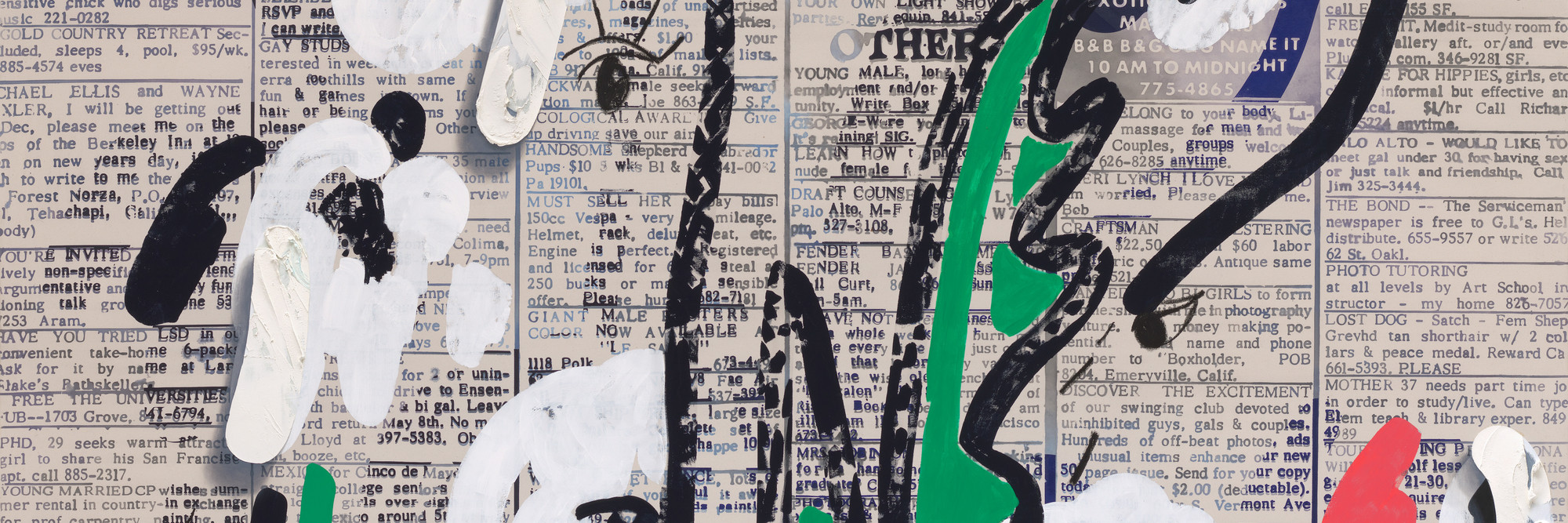 Laura Owens. Untitled. 2013. Acrylic, Flashe, and oil stick on canvas, 137 3/8 × 119 7/8" (348.9 × 304.5 cm). Enid A. Haupt Fund