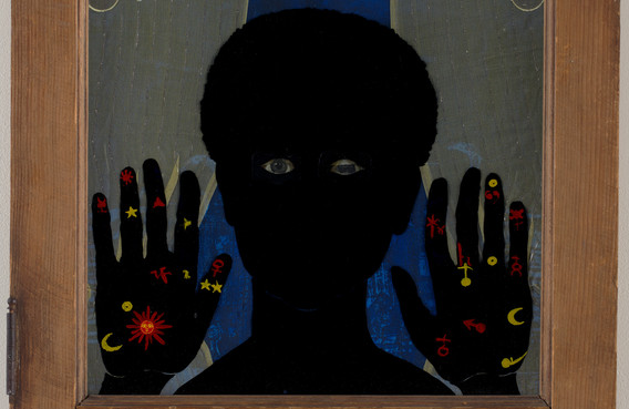 Betye Saar. Black Girl's Window. 1969. Wooden window frame with paint, cut-and-pasted printed and painted papers, daguerreotype, lenticular print, and plastic figurine. 35 3/4 x 18 x 1 1/2" (90.8 x 45.7 x 3.8 cm). Gift of Candace King Weir through The Modern Women's Fund, and Committee on Painting and Sculpture Funds