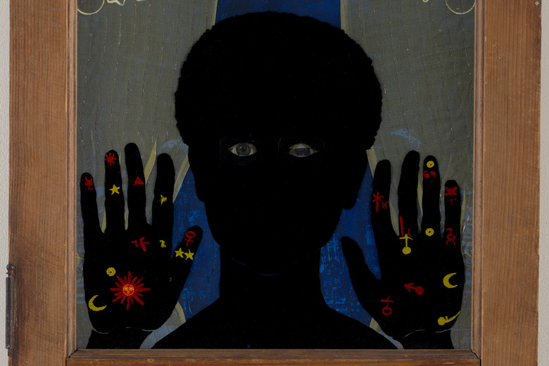 Betye Saar. Black Girl's Window. 1969. Wooden window frame with paint, cut-and-pasted printed and painted papers, daguerreotype, lenticular print, and plastic figurine. 35 3/4 x 18 x 1 1/2" (90.8 x 45.7 x 3.8 cm). Gift of Candace King Weir through The Modern Women's Fund, and Committee on Painting and Sculpture Funds