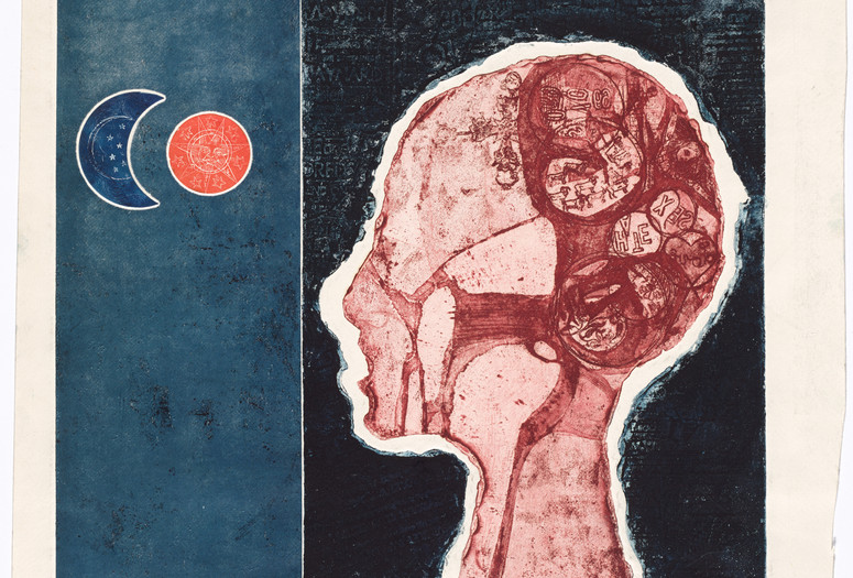 Betye Saar. Phrenology Man Digs Sol y Luna. 1966. Etching with relief-printed found objects, composition: 14 5/8 × 15" (37.1 × 38.1 cm); sheet (irreg.): 17 3/8 × 17 1/2" (44.1 × 44.5 cm). Acquired through the generosity of The Friends of Education of The Museum of Modern Art in honor of Eric J. Barkley. Photo by Rob Gerhardt