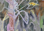 Michael Armitage. Seraph. 2017. Oil on lubugo bark cloth, 78 3/4 × 59 1/16" (200 x 150 cm). Private collection