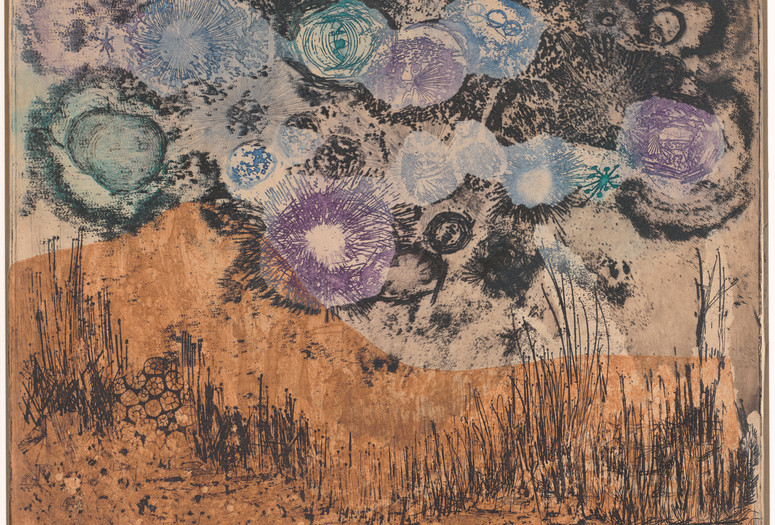 Betye Saar. Amid Hallucinatory Moons. 1962. Etching with relief printing, plate: 14 15/16 × 19 3/16" (37.9 × 48.8 cm); sheet: 16 5/16 × 20 7/8" (41.4 × 53.1 cm). Gift of Julie and Bennett Roberts, Roberts Projects, Los Angeles