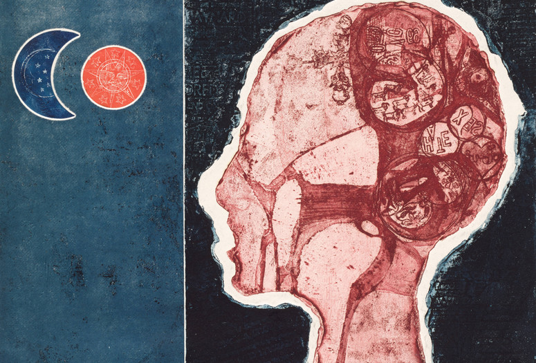 Betye Saar. Phrenology Man Digs Sol y Luna. 1966, Etching with relief-printed found objects, composition: 14 5/8 × 15" (37.1 × 38.1 cm); sheet (irreg.): 17 3/8 × 17 1/2" (44.1 × 44.5 cm). Publisher: the artist, Los Angeles. Printer: the artist, Los Angeles. Edition: planned edition of 20, five known impressions. Acquired through the generosity of The Friends of Education of The Museum of Modern Art in honor of Eric J. Barkley