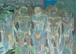 Michael Armitage. Nyali Beach Boys. 2016. Oil on Lubugo bark cloth, 96 7/16 × 92 1/2" (245 × 235 cm). Dallas Museum of Art, TWO x TWO for AIDS and Art Fund