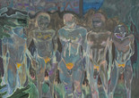Michael Armitage. Nyali Beach Boys. 2016. Oil on Lubugo bark cloth, 96 7/16 × 92 1/2" (245 × 235 cm). © Michael Armitage. Photo © White Cube (George Darrell)