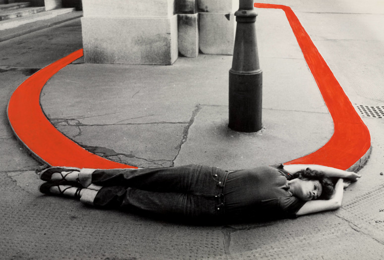 VALIE EXPORT. Encirclement from the series Body Configurations. 1976. Gelatin silver print with red ink, 14 × 23 7/16" (35.5 × 59.6 cm). Purchased with Carl Jacobs Fund. © 2020 VALIE EXPORT/Artists Rights Society (ARS), New York/VBK, Austria