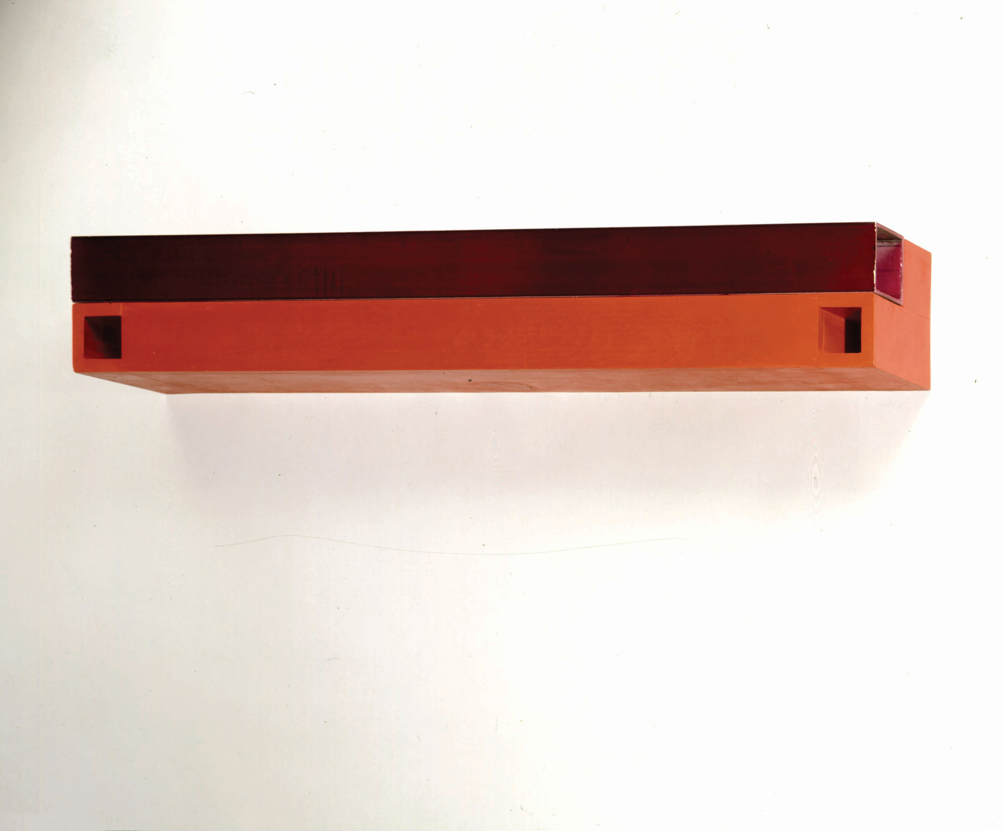 Donald Judd. _Untitled_. 1963. Purple lacquer on aluminum, light cadmium red oil on wood. 5 1/8 × 32 5/8 × 5 1/8" (13 × 82.8 × 13 cm). Collection Martin Z. Margulies. © 2020 Judd Foundation / Artists Rights Society (ARS), New York
