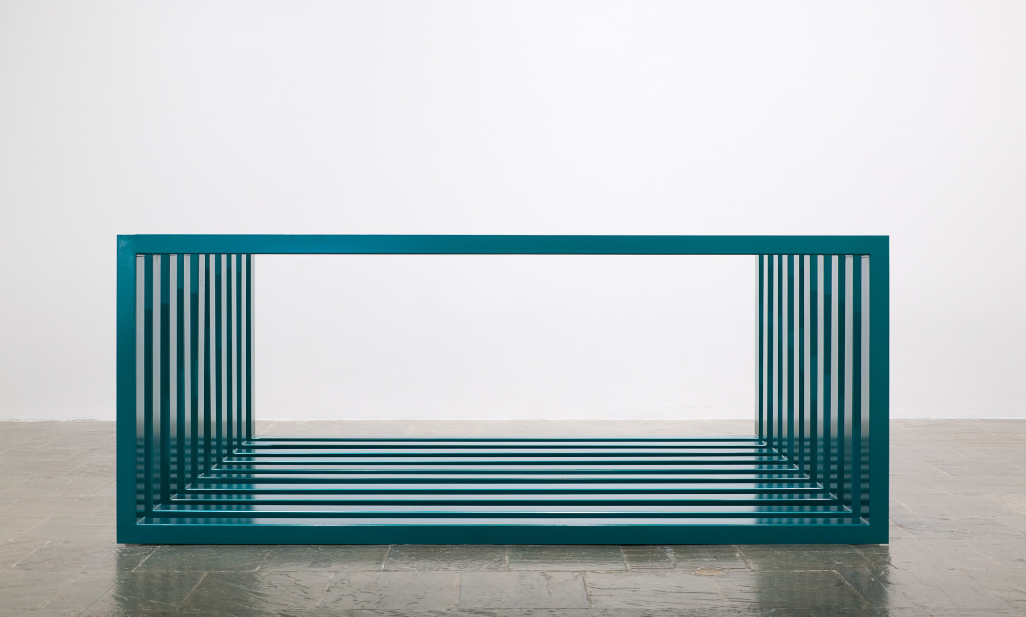 Donald Judd. _Untitled_. 1966. Turquoise enamel on aluminum. 10 units, each: 48 × 120 × 6 5/8" (121.9 × 304.8 × 16.8 cm), with 6" (15.2 cm) intervals. Overall: 48 × 120 × 120" (121.9 × 304.8 × 304.8 cm). Whitney Museum of American Art, New York. Gift of Howard and Jean Lipman. © 2020 Judd Foundation / Artists Rights Society (ARS), New York