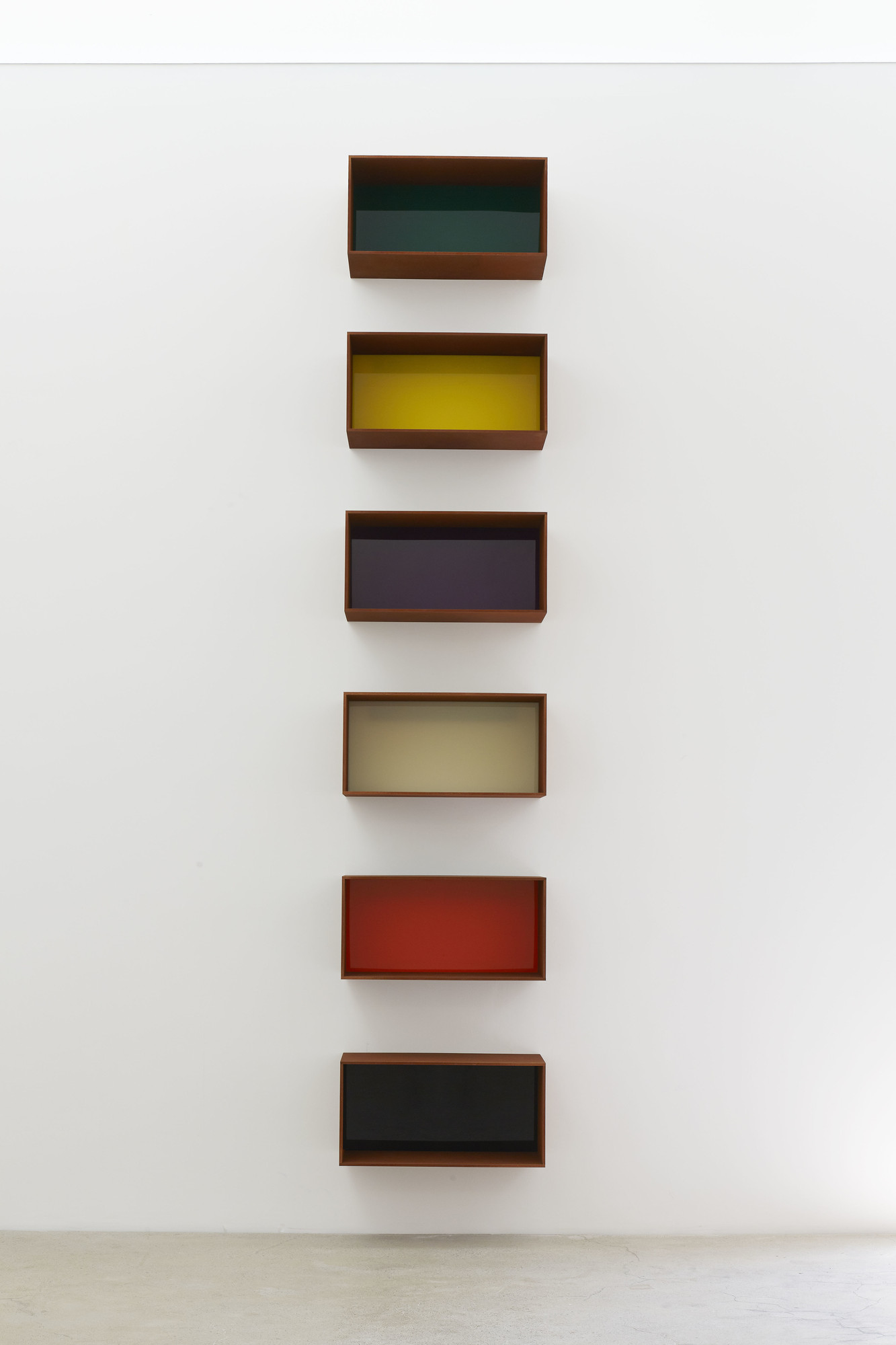 Donald Judd_Untitled_. 1992. Cor-Ten steel and green, yellow, purple, ivory, orange, and black acrylic sheets. Six units, each 19 11⁄16 × 39 3 × 19 11⁄16" (50 × 100 × 50 cm). Artworkers Retirement Society. © 2020 Judd Foundation / Artists Rights Society (ARS), New York
