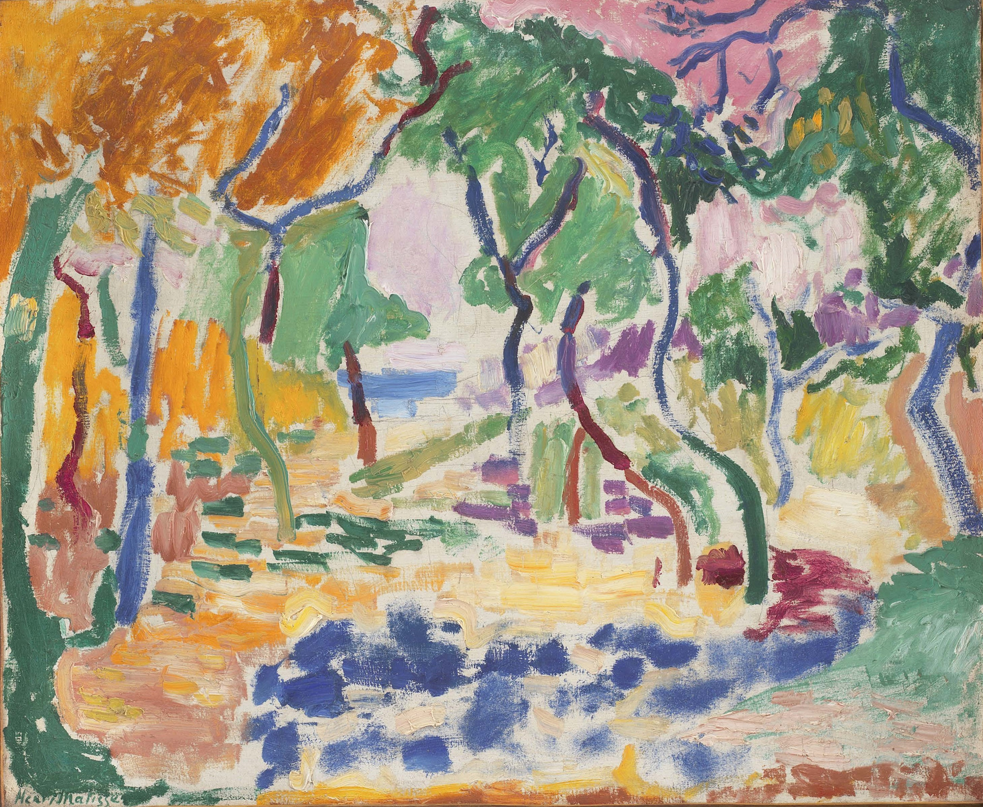 Henri Matisse. _Landscape near Collioure (study for The Joy of Life)_. 1905. Oil on canvas. 18 1/8 × 21 5/8" (46 × 55 cm). Statens Museum for Kunst, Copenhagen. © SMK Photo/Jacob Schou-Hansen. © 2020 Succession H. Matisse / Artists Rights Society (ARS), New York

