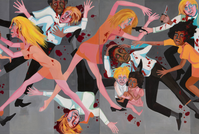 Faith Ringgold. American People Series #20: Die. 1967. Oil on canvas, two panels, 72 × 144" (182.9 × 365.8 cm). Acquired through the generosity of The Modern Women's Fund, Ronnie F. Heyman, Glenn and Eva Dubin, Lonti Ebers, Michael S. Ovitz, Daniel and Brett Sundheim, and Gary and Karen Winnick