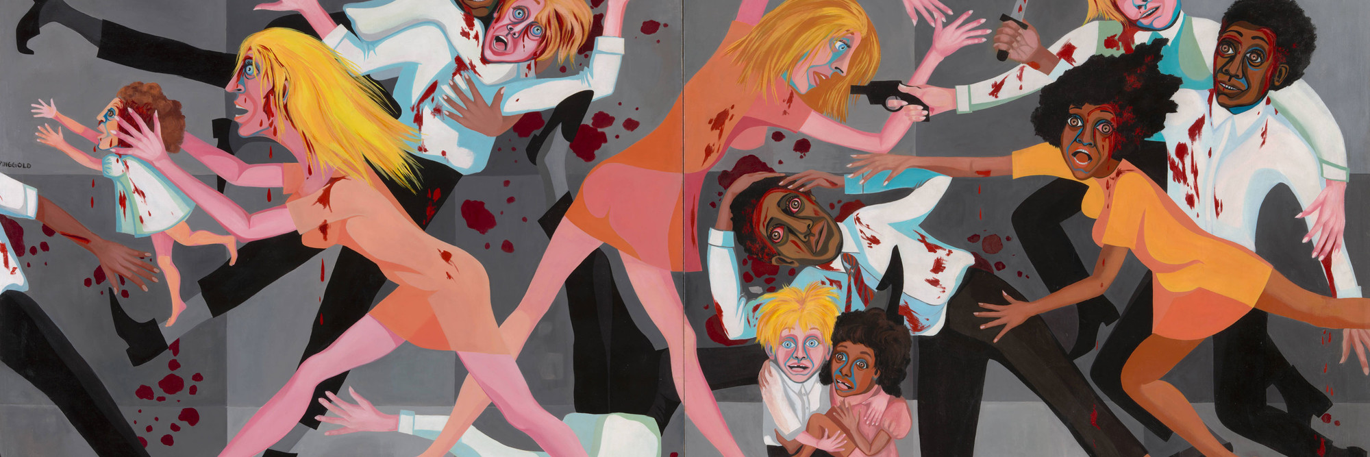 Faith Ringgold. American People Series #20: Die. 1967. Oil on canvas, two panels, 72 × 144" (182.9 × 365.8 cm). Acquired through the generosity of The Modern Women's Fund, Ronnie F. Heyman, Glenn and Eva Dubin, Lonti Ebers, Michael S. Ovitz, Daniel and Brett Sundheim, and Gary and Karen Winnick